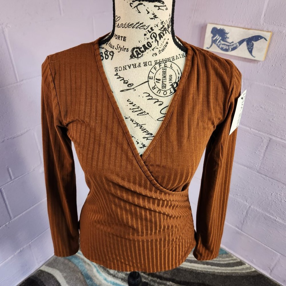 NWT Nine West Ribbed Faux Wrapped Long Sleeve